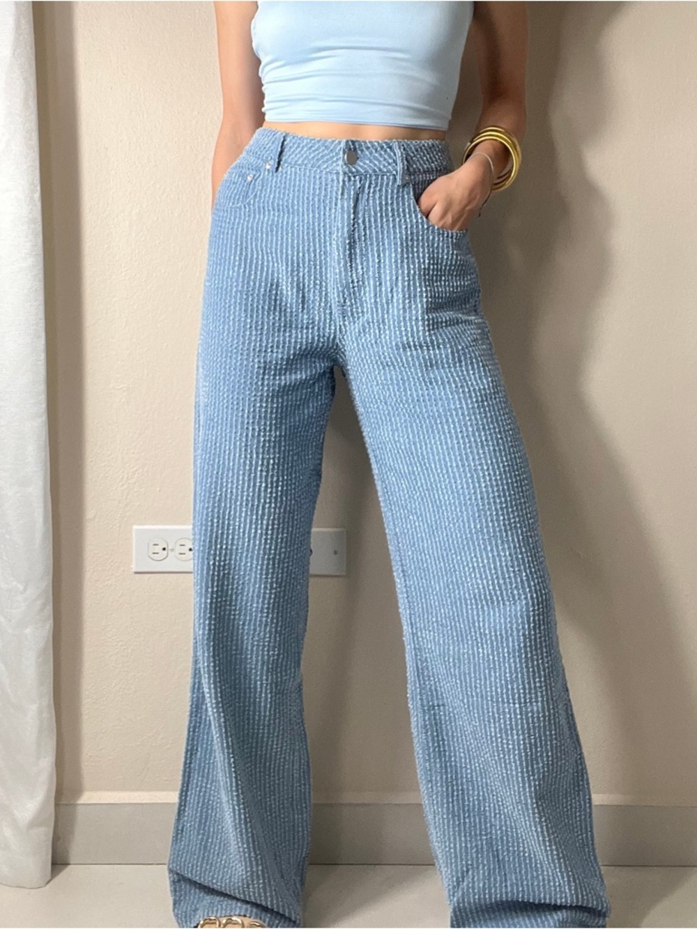Only Blue Denim Textured Wide Leg Pants 29